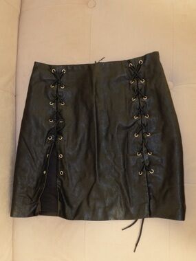 Black Faux Leather Lace-Up Mini Skirt